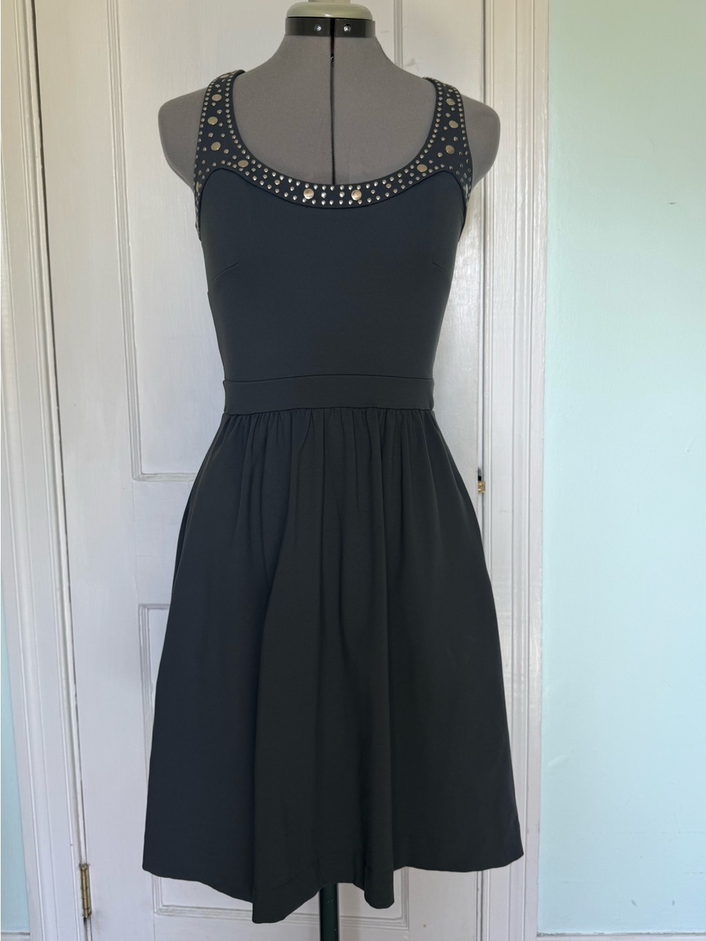 Charcoal Gray Studded Scoop Neck Sleeveless Dress
